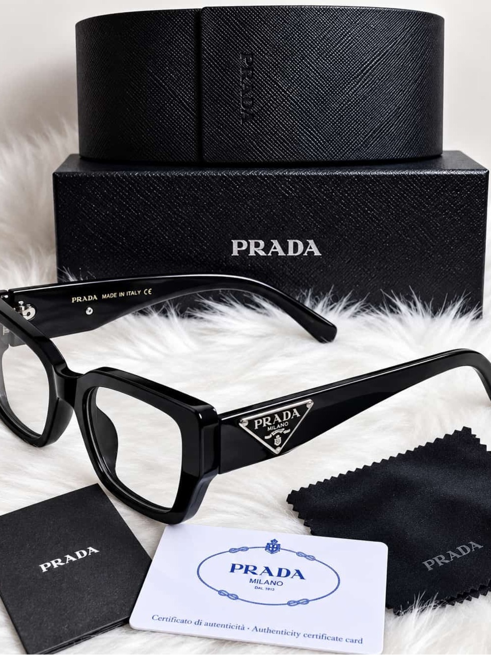 Prada Black Men's Rectangular Acetate Glasses with Silver Triangle Logo